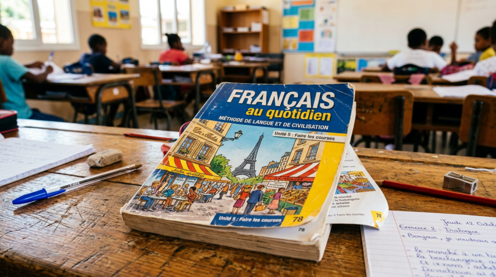 Worn French textbook titled 'Français au quotidien' on a wooden desk in a classroom