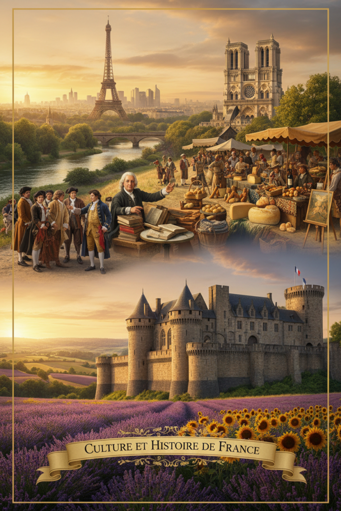 Une composition illustrant le patrimoine français avec, en haut, un marché historique devant la tour Eiffel et Notre-Dame, et en bas, un château médiéval entouré de champs de lavande et de tournesols.
