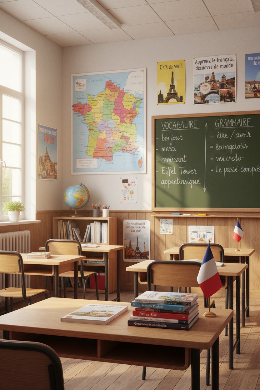 Une salle de classe décorée sur le thème de la France avec une carte géographique, des affiches culturelles et un tableau noir portant des leçons de français.