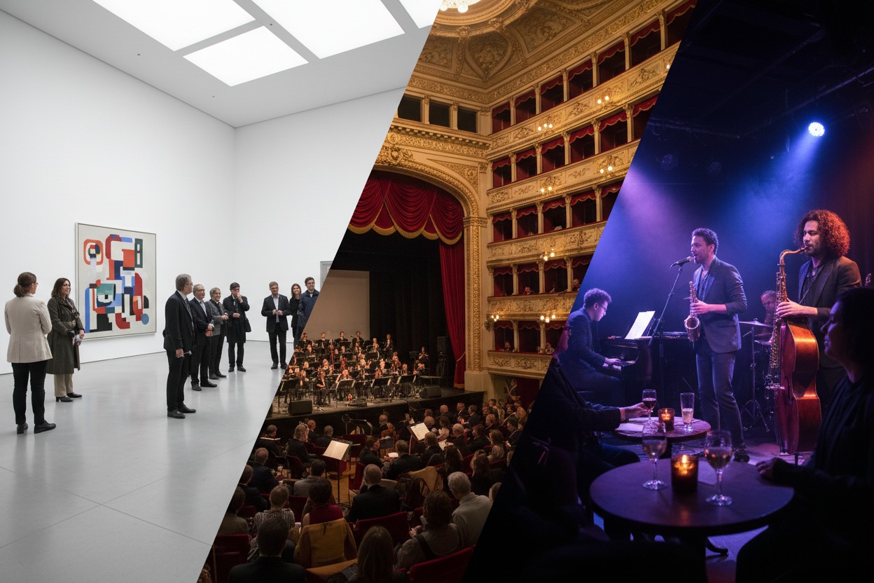 Un montage d'images montrant des visiteurs dans une galerie d'art, un orchestre sur la scène d'un théâtre classique et un groupe de jazz jouant dans un club sombre.