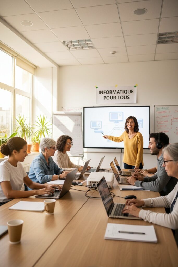 Une formatrice présente un schéma informatique à un groupe d'adultes travaillant sur des ordinateurs portables dans une salle de classe.