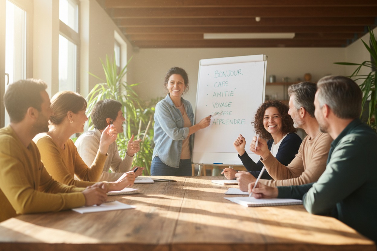 Une formatrice souriante pointe une liste de mots français sur un tableau blanc devant un groupe d'adultes assis autour d'une table en bois.