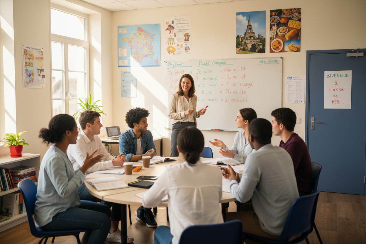 Une professeure enseigne le français à un groupe d'étudiants adultes assis autour d'une table ronde dans une salle de classe lumineuse.